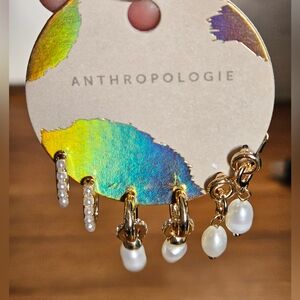 Anthropologie Gold and Faux Pearl Earrings Set Of 3